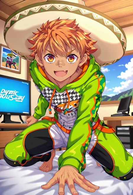 masterpiece, best quality, intricate details, (3d:0.4), looking at viewer, , 1boy, solo, male focus, <lora:jirou_camp_buddy_ilxl:0.98>, jirou_camp_buddy, orange hair, orange eyes, bandaid on nose, focused, bedroom, computer monitor, day, (dynamic pose:1.2), skin fang, Utility joggers, Houndstooth Sweatshirt, , Sombrero, and