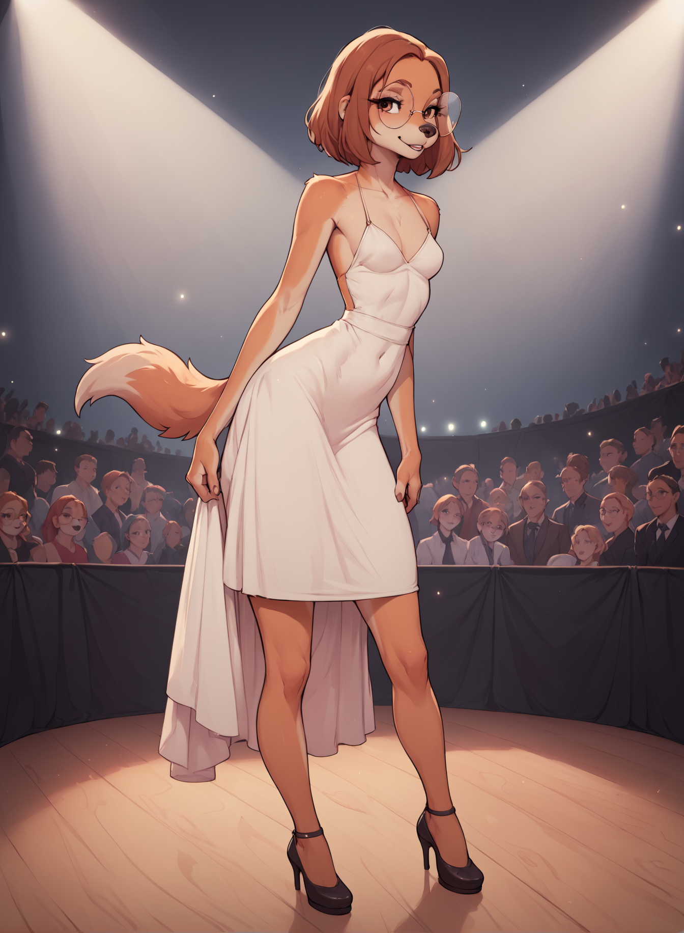 score_9, score_8_up, score_7_up, score_6_up, score_5_up, score_4_up, <lora:SukiLanePXL:1> SukiLanePXL, anthro, brown eyes, round glasses, small breast, evening dress, full body, on stage, thanking the crowd, greeting to crowd, reverence, stage