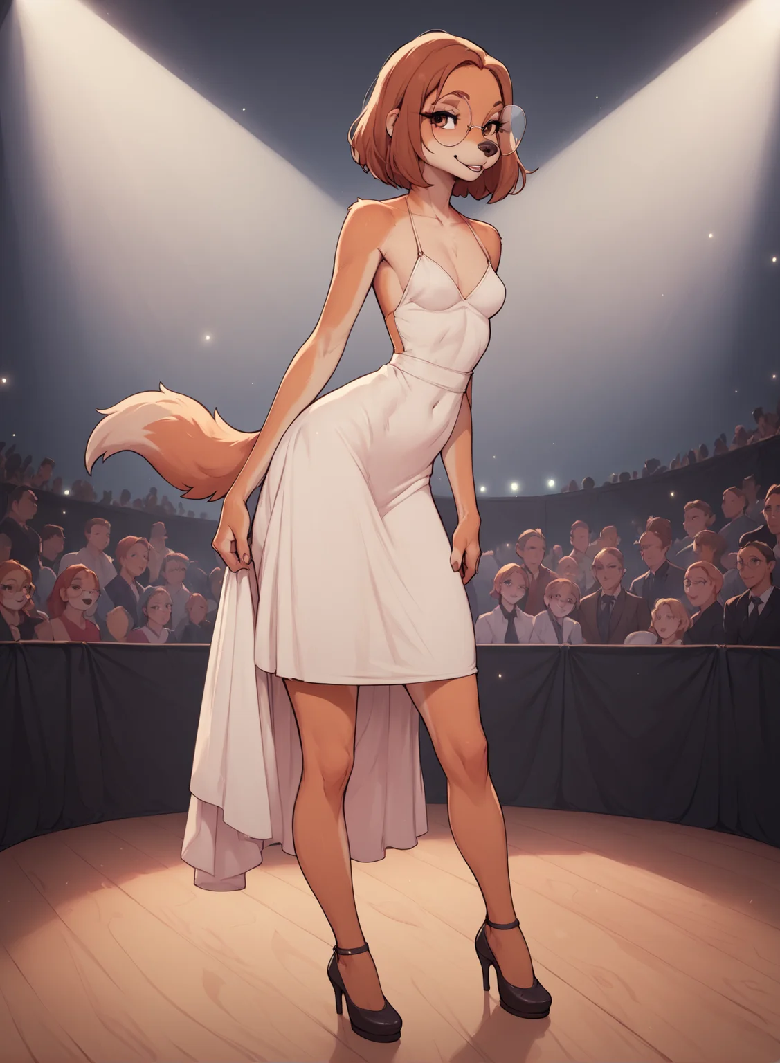 score_9, score_8_up, score_7_up, score_6_up, score_5_up, score_4_up, <lora:SukiLanePXL:1> SukiLanePXL, anthro, brown eyes, round glasses, small breast, evening dress, full body, on stage, thanking the crowd, greeting to crowd, reverence, stage