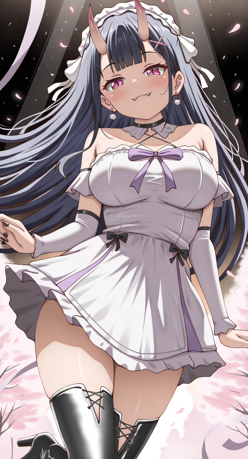 masterpiece, cute, lovely, newest, absurdres, (best quality:1.3), amazing quality, very aesthetic, 1girl, solo, high_resolution, hq, 4k, BREAK. high gradient eyes, very cute, light particles, cute details, cute colors, (Poa_Mellhen_Style), oni, oni horns, dark blue hair, straight hair, blunt bangs, pink eyes, slit pupils, (big breasts:0.7), naughty face, smug, BREAK, cherry blossoms background, leaning back, leaning to the side, light purple gothic dress with  ribbon , headdress, x hairpin, fangs, earrings, chocker with ruby, smile, very long hair, thigh high garters, Platform high heel boots, thighhigh, black nails, detached sleeves, free pose, delicate skin texture, fair skin, delicate face, long eyelashes, bright tones, wind, light particles, light, bright tones, motion lines, extremely detailed, intricate, delicate details, movie lighting, very beautiful, absurd, dynamic graphics, dynamic angles, special movements, dynamic poses, action poses, dynamic movements, (Illustration: 1.2), (8K Wallpaper), (Beautiful, pretty eyes: 1.2), Delicate eyes, beautiful, soft colors, clear line, colorful, upper body