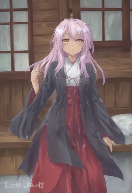 masterpiece, best quality, very aesthetic, absurdres, 1girl, Chloe_Von_Einzbern, yellow_eyes, pink_hair, long_hair, sidelocks, hair_between_eyes, flat_chest, dark-skinned_female, miko, 
, Chihaya
