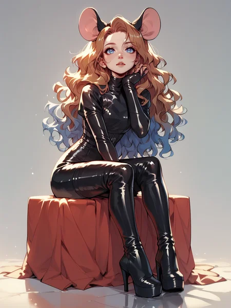 score_9, score_8_up, score_7_up, score_6_up, score_5_up, <lora:NfXLP:1> nf, 1girl, blue eyes, long hair, latex, mouse ears, sitting, high heel boots, wavy hair