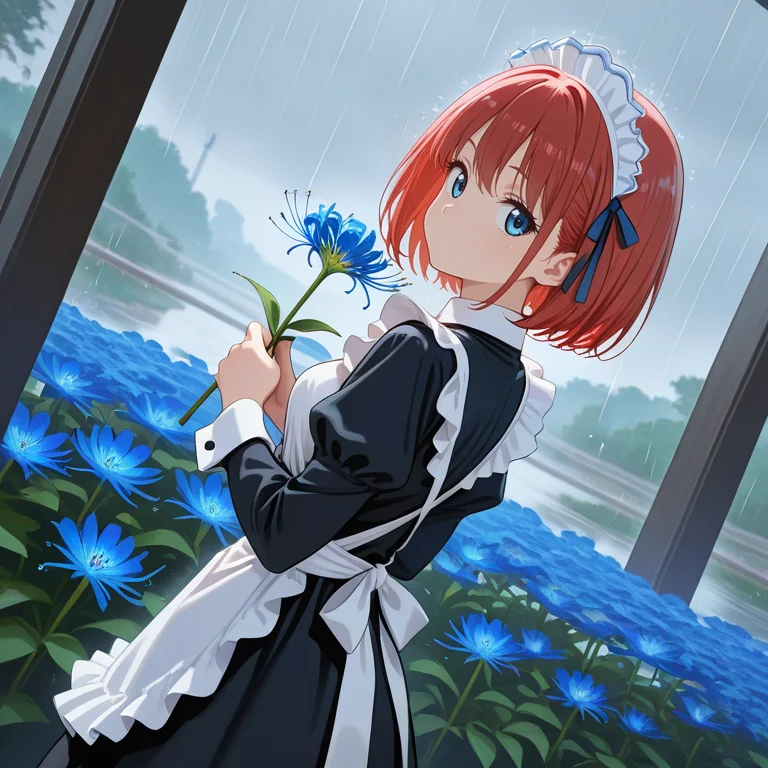 <lora:IL_lycoris_spider_lily:1>,lycoris/(flower/),1girl,solo,no mouth,disheveled hair,looking at viewer,rain,maid headdress,waist apron,maid,from back,looking back,dutch angle,holding flower,crescent,blue flower,, masterpiece,amazing quality,best quality,ultra-detailed,8K,illustration,CG,shiny hair,clear skin,ultra-detailed-eyes,ultra-detailed-background,