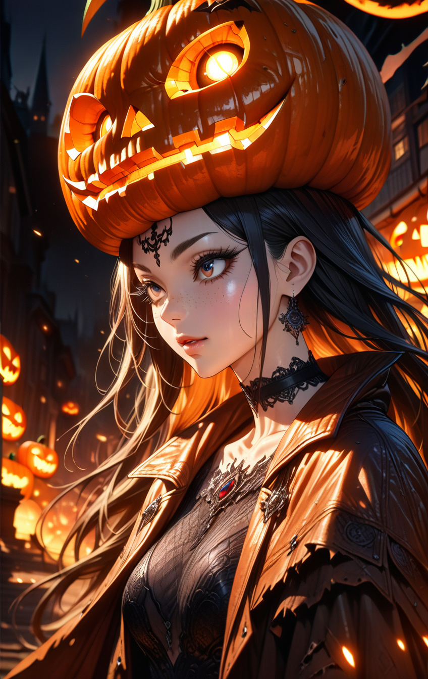 (realism:1.8), (Cel-shading:1.3),
realistic,
(masterpiece), (best quality), (ultra-detailed)
(Medium shot:2) 1girl, cute, beautiful, gorgeous, gentle, perfect body, solo, long hair, (long eyelashes:2),perfect hair, streaked hair, black choker, bangs, freckles, striking large eyes, aligned eyes, mirror eyes,
standing, pumpkin head, coat, cape, torn outfit, gothic, scythe, bat, pumpkin, fiery aura, fire background, outdoor, night, moon, ((masterpiece)), best quality, high quality, high resolution, highres, very aesthetic, illustration, intricate details, absurdres, (anime, intricate:1.3) (incredibly detailed:1.4), ultra-detailed, high detail:1.2, detailed, detailed line art,
eyeliner, trendy portrait, bare shoulders, tender Aesthetic nose, perfect lips, gorgeous lips, puffy lips, sensual lips, cinematic,
(masterpiece), (best quality), (incredibly detailed:1.4) (beautiful detailed face, beautiful detailed eyes), (ultra-detailed), very aesthetic, illustration, perfect composition, intricate details, absurdres, detailed skin, clean skin,  pure skin, 
(masterpiece:1.8), (highest detailed:1.8), (angle:0.9), perfectly lighted, (contrast), (saturated), (((sharp focus))), (hyperdetailed:1.3), (intricate details:1.2), (Refined details:1.3), (best quality:1.5), highly detailed textures,
<lora:Apparatus_-_Traction_City_Walkers_Vehicles:0.5>,
<lora:add-detail-xl:1> (ultra sharp focus:1.8), (detailed skin:1.8), (best quality:1.8),
<lora:glowneon_xl_v1:0.6>