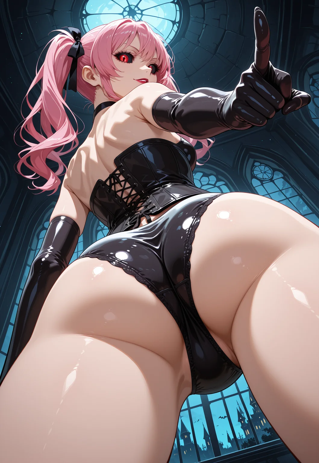 POV_Facesitting, pov, facesitting, sitting over viewer, about to sit, ass focus, from below, vampire castle, inside, looking at viewer, pov sitting on viewer, gloating face, pointing at viewer, night, darkness, 

1girl, solo, megumi shimizu, pink hair, twintails, gothic, lipstick, black sclera, red eyes, hair ribbon, corset, lowleg latex panties, skinny, black elbow gloves,
 
absurdres, newest, masterpiece, best quality, very aesthetic, 