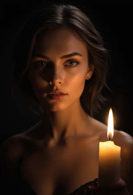 (32k uhd resolution photo, incredibly ultra lifelike, perfect professional precise, masterpiece, best quality extremely intricate detailed, extremely beautiful, light and shadow, amazing photo:1.1),
A striking portrait photo of a seductive woman illuminated solely by candlelight against pure darkness. The single flame creates dramatic chiaroscuro lighting across her features, highlighting elegant bone structure and ethereal beauty. Professional studio techniques ensure perfect exposure balance between the warm candlelight and the absolute black background. Her expression is alluring yet sophisticated, captured with razor-sharp focus on her eyes and the subtle play of light across her face. The candle flame is perfectly exposed, creating a beautiful bokeh effect while maintaining detail in both highlights and shadows.