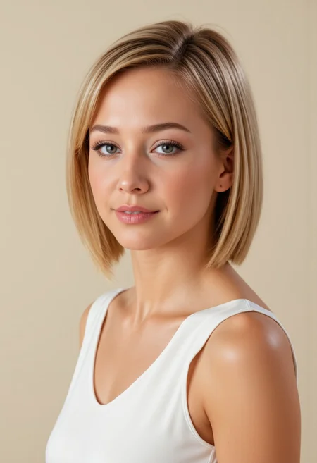 She is approximately 18 years old. Hyperrealism, she is looking at the camera, (dynamic angles),full body shots of a beautiful, stunning unique female character. she has blonde hair. her eyes are filled with joy and excitement, extravagant eyelashes, a photo of Stephani3_LT, a woman wearing a white wedding dress. The woman is posing confidently. simple cream colored background. She has a slight smile on her face and is looking directly at the camera. making this image a masterpiece of photography and digital art. realistic. making this image a masterpiece of photography and digital art. Style: realistic hyper-detailed rendering, 32k UHD, expressive eyes, punk, graphic design, girl's face, pretty and cute, gleaming lips, telling a tale of adventure. Exuding confidence and serenity. The overall mood of the image is happy and relaxed,detailed skin texture,(blush:0.2),(goosebumps:0.3),subsurface scattering,whimsical,Detailed hand, Perfect hand. Perfection style.