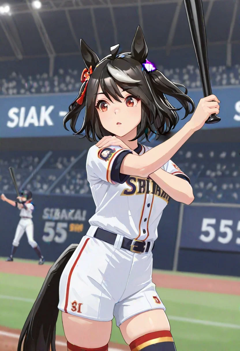 (1girl:1.2), (general:1.3), (masterpiece:1.2), newest, <lora:IchiroBattingStance_ill_v01:1>,kitasan black \(umamusume\) (holding, holding baseball bat, baseball bat:1.2), outstretched arm, (hand on own shoulder:0.7), skindentation