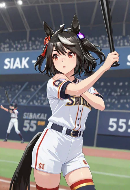 (1girl:1.2), (general:1.3), (masterpiece:1.2), newest, <lora:IchiroBattingStance_ill_v01:1>,kitasan black \(umamusume\) (holding, holding baseball bat, baseball bat:1.2), outstretched arm, (hand on own shoulder:0.7), skindentation
