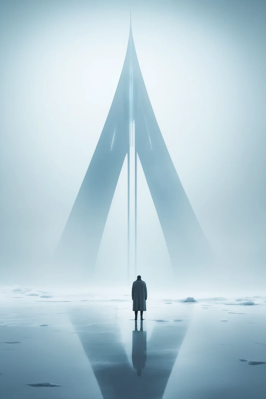 <lora:Christopher Balaskas Style:1>Christopher Balaskas Style - Poster design in the style of Christopher Balaskas, a far view of a man standing on ice in the mist, with in the distance a high towering futuristic structure