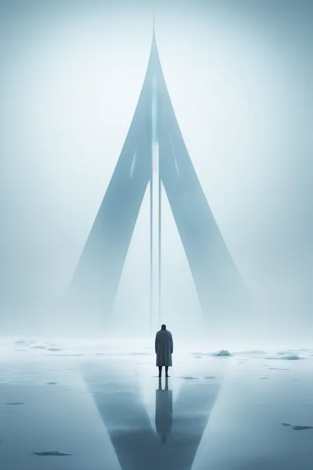 <lora:Christopher Balaskas Style:1>Christopher Balaskas Style - Poster design in the style of Christopher Balaskas, a far view of a man standing on ice in the mist, with in the distance a high towering futuristic structure