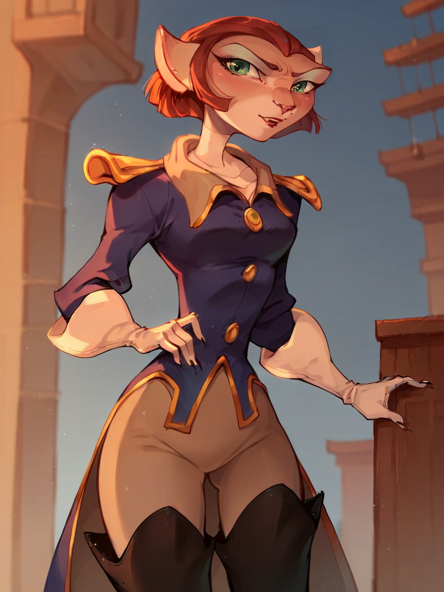 score_9, score_8_up, score_7_up, score_6_up, score_5_up,   <lora:CaptainAmeliaXLP:1> captain amelia, 1girl, solo, short hair, red hair, green eyes, thigh boots, furry, white gloves