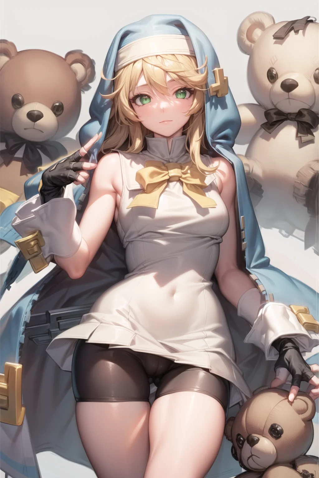 ((masterpiece)), (best quality), (detailed), (1 girl),<lora:WomanNun:1>,bridget \(guilty gear\),blonde hair,fingerless gloves,green eyes,teddy bear,bike shorts