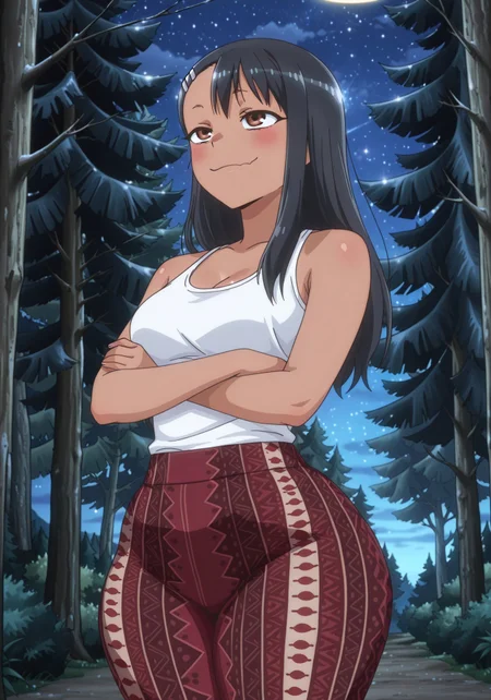 (((masterpiece,best quality,newest,absurdres,highres,year 2024,cinematic lighting,perfect lighting,ray tracing,perfect face,beautiful face,intricate details,very detailed,very aesthetic,official style))), 1girl, Nagatoro_Hayase, brown_eyes, black_hair, long_hair, dark-skinned_female, hairclip, earclip, white tank top, print pants, printed flare pants, yoga pants, brown pants, red pants, shoes, medium breasts, skinny, round butt, curvy, very wide hips, thick thighs, light smile, smug, skin fang, detailed background, forest, night, scenery, looking at ahead, (from front:1.6), standing, cowboy shot, crossed arms,