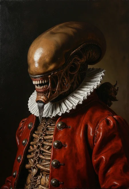 An oil painting in the style of Rembrandt of an alien xenomorph dressed as a 17th century nobleman,