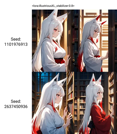<lora:illustriousXL_stabilizer:0.8>1girl,fox ears,red eyes,white hair,multicolored hair,viewing from side,in library,at night,