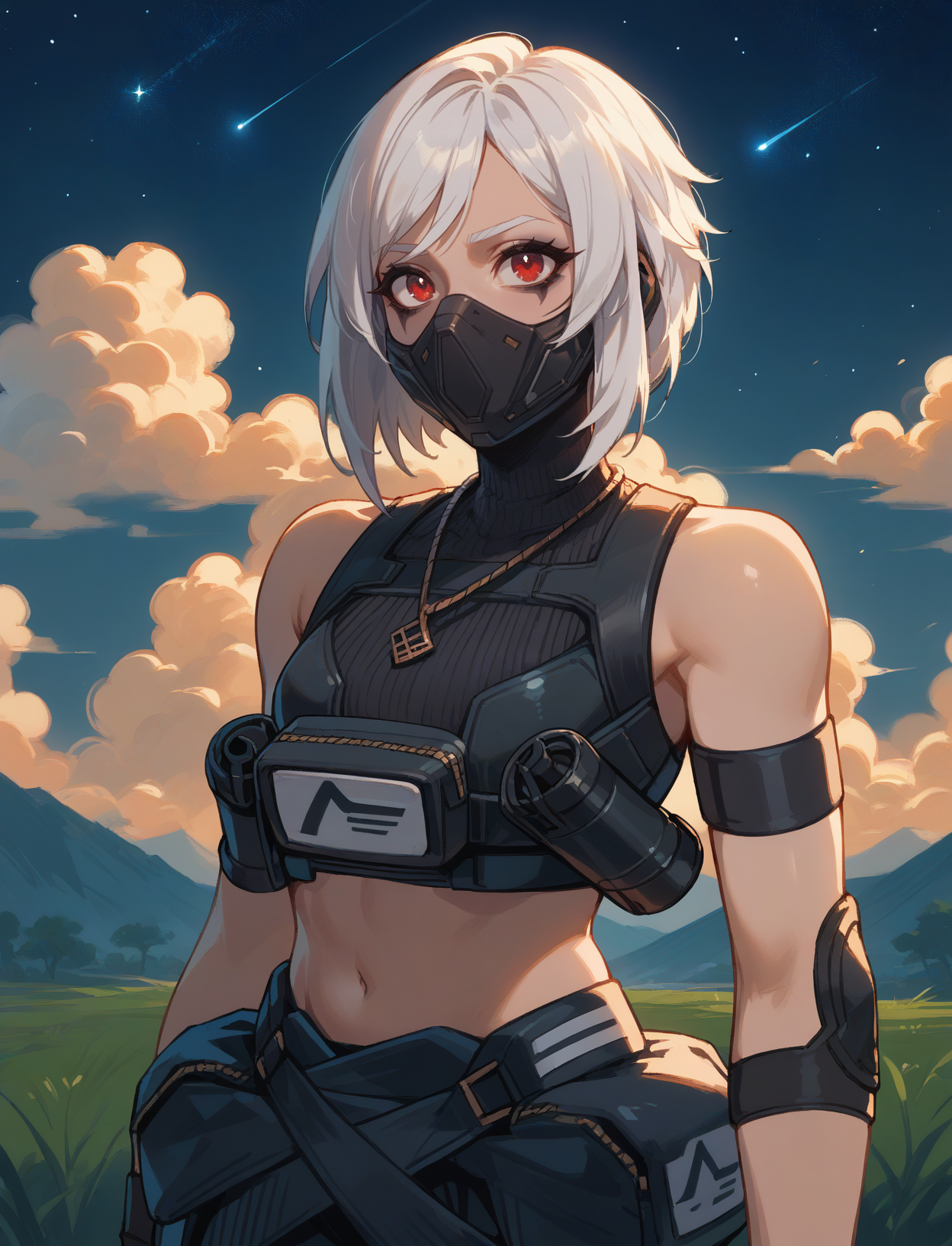 score_9, score_8_up, 4nitehush, necklace, eyeliner, mascara, single elbow pad, upper body, looking up,
red eyes, solo, gloves, white hair, midriff, looking at viewer, mouth mask, pouch, grenade, armband, yoga pants, crop top, 
outdoors, clouds, night, stars,
 <lora:Fortnite_-_Hush_-_Pony:1>