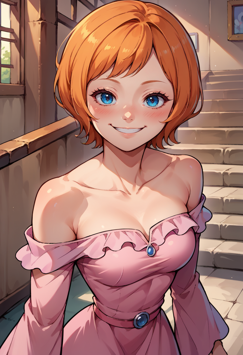 score_9, score_8_up,score_7_up, source_anime, solo, 1girl,<lora:EPopKoala:1>, EPopKoala, short hair, orange hair, swept bangs, blue eyes, 
 bare shoulders, collarbone, off-shoulder dress, long sleeves, long dress, pink dress, cowboy shot, smile, seductive smile, blush, stairs,