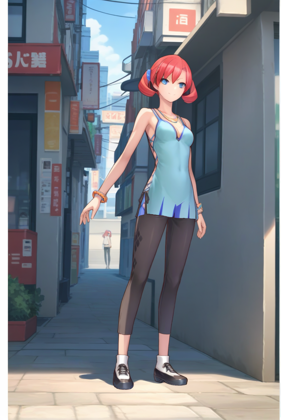 casual clothes, dsc-nokia, red hair, medium breasts, 1girl, solo, skinny, masterpiece, high quality, (full body), outdoors, light smile, score_9, score_8_up, score_7_up, source_anime, anime, anime style <lora:dsc-nokia-pony-V05-000003:0.90>