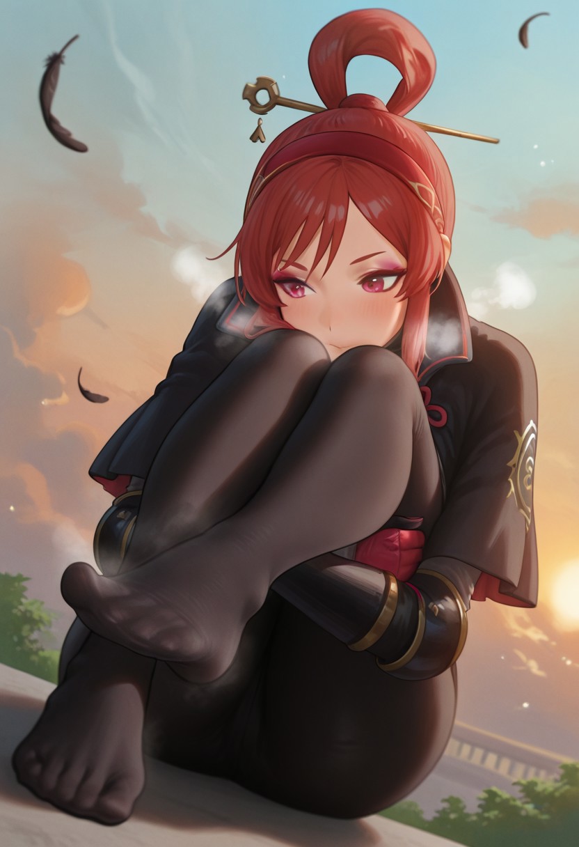 nhaliz,  outdoors, undershirt, falling feathers, black bodysuit, hair stick, hugging own legs, , gauntlets,   eyeshadow,   red gloves,  high ponytail,  , black capelet, red hairband, pink eyes, 1girl, solo, feet, visible breath,   dynamic angle, foreshortening, smell, steam,