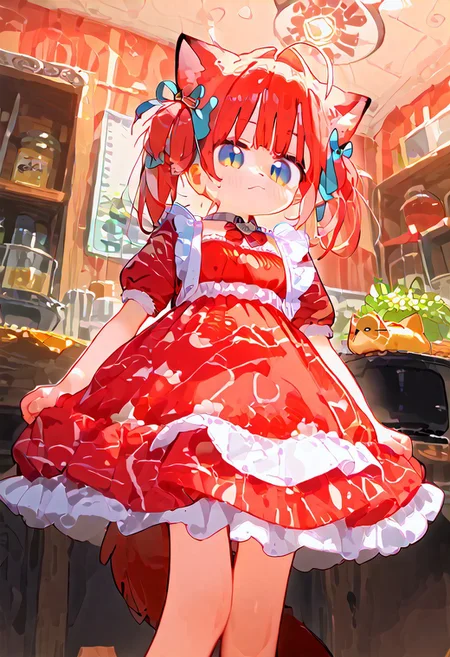 score_9, score_7_up, source_anime, uncensored, 1girl,
 <lora:spakamiKarubiXLPony:1> karubidef, blue eyes, ahoge, cat ears, animal ear fluff, tail, hair ribbon, dress, red dress, red bow, white apron, puffy short sleeves