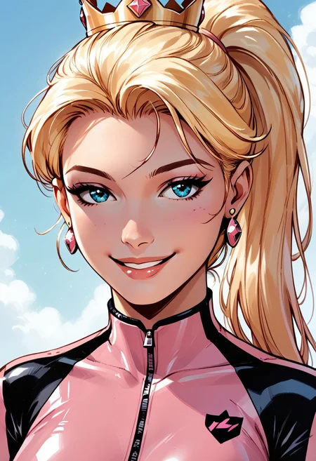 score_9, score_8_up, score_7_up, score_6_up BREAK 8k,) IncrsPchBiker, long hair, blonde hair,ponytail, biker clothes, bikesuit, pink bodysuit, pink gloves, , crown, jewelry, earrings, perfect anatomy, exy, seductive smile, blue eyes,smile, face closeup, face focus,very close up,portrait