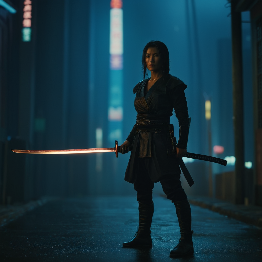 cinematic film still of  <lora:Cyberpunk Style:1> Cyberpunk Style
a samurai woman with a sword in cyberpunk city at night in cyberpunk style <lora:female samurai style v2:0.55>, shallow depth of field, vignette, highly detailed, high budget, bokeh, cinemascope, moody, epic, gorgeous, film grain, grainy