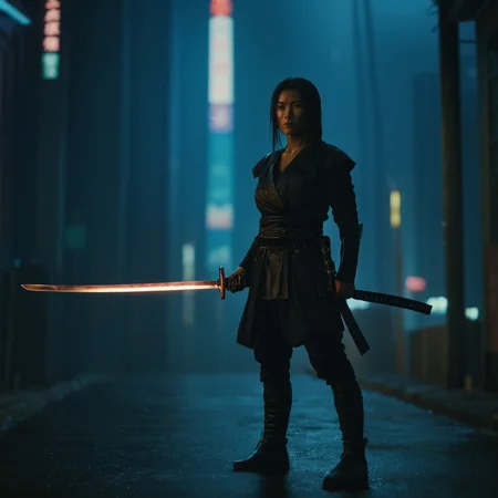 cinematic film still of <lora:Cyberpunk Style:1> Cyberpunk Style
a samurai woman with a sword in cyberpunk city at night in cyberpunk style <lora:female samurai style v2:0.55>, shallow depth of field, vignette, highly detailed, high budget, bokeh, cinemascope, moody, epic, gorgeous, film grain, grainy