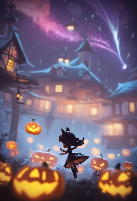 score9, score8_up, score7_up, score6_up, group of female witches, doing magic: turning toad in pumpkin, black dress, scary, flying, thunderstorm, flashes, in the dark, mystic lights, old house, stop-motion clay figures, cinematic scene: dolly-shot, view from low angle, depth of field, intricate details