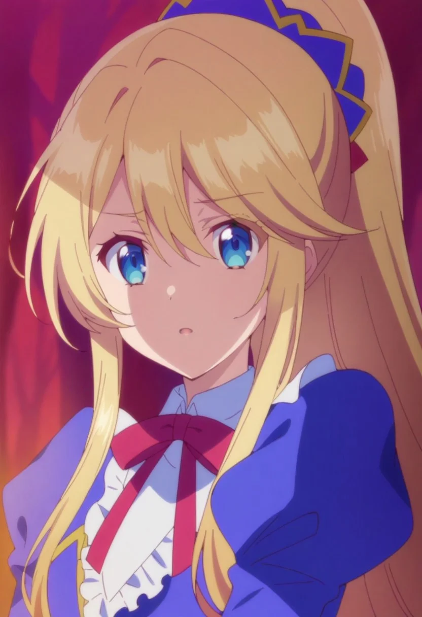 ((masterpiece)), ((best quality)), high detailed, ultra-detailed, intricate details, detailed, small breasts, LP_aileen, 1girl, blonde hair, blue eyes, long hair, ponytail, blue dress, gloves, puffy sleeves, red ribbon, ribbon bow, upper body, anime coloring, looking at viewer, hair between eyes,