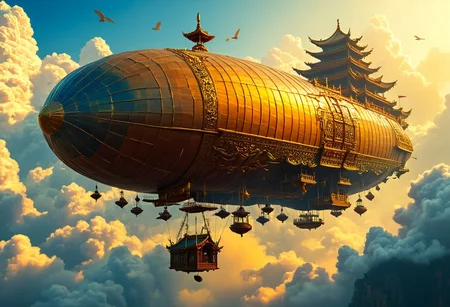 This is a huge and fantastical flying ship designed in the traditional Chinese architectural style. The airship is adorned with intricate cascading roofs, curved eaves and ornate details, resembling a grand palace. The elongated structure of the airship resembles a gigantic ship with multiple decks and floors, seamlessly blending traditional wooden elements with intricate carvings and decorative features. The airship floats majestically in a sea of haze and shimmering clouds, with sunlight pouring through the mist, creating an ethereal atmosphere. Surrounding the airship are towering rock formations that evoke a sense of transcendent grandeur. The overall color palette consists of golden hues from the sunlight and soft blues from the sky and clouds, enhancing the mystical and dreamlike feel of the scene. The intricate details and massive scale of the airship suggest a blend of fantasy and cultural tradition.