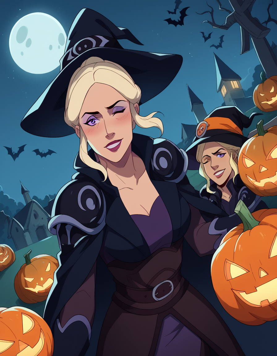 score_9, score_8_up, score_7_up, source_anime, <lora:allura-vysoren-s3-ponyxl-lora-nochekaiser:1>, allura vysoren, ponytail, blonde hair, sidelocks,purple eyes, makeup, lipstick, <lora:witch-ponyxl-lora-nochekaiser:1>, witch, hat, witch hat, dress, halloween, halloween costume, jewelry,, night, moon, blush, smile, one eye closed,, , dutch angle, cowboy shot