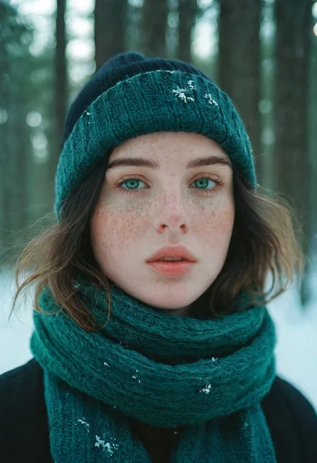 A portrait of a girl, wavy hair, black hair, ocean green eyes, standing in a forest in winter, warm clothes, scarf, beanie, condensed breath, parted lips, looking at viewer, snow flakes,, freckles, pale skin, realistic, photo, golden hour, cinematic lighting, celluloid film skintone color style, earthy colors, blue colors