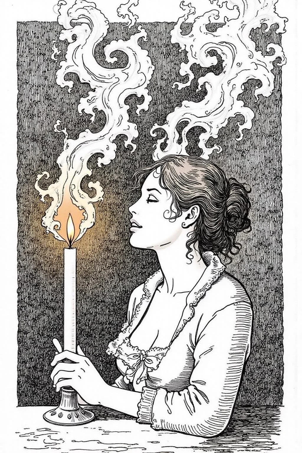 itacomic1 illustration. Wisps of smoke rising from a candle in the form of a woman's profile <lora:itacomic_mima3_fl_d4a2:1.0><lora:801285145022876427:0>