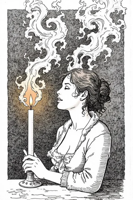 itacomic1 illustration. Wisps of smoke rising from a candle in the form of a woman's profile  <lora:itacomic_mima3_fl_d4a2:1.0><lora:801285145022876427:0>