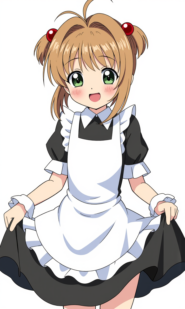 Kinomoto Sakura, she has green eyes, She has light brown hair styled in two pigtails with red hair ties, The girl, likely around 10-12 years old, has a petite build. She is wearing maid clothes, lifting her skirt so you can see her panties, smiling, 
