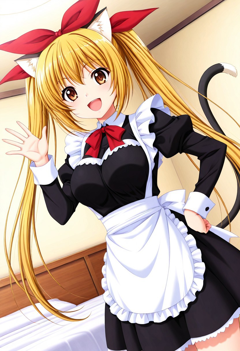 general,highres, ultra-detailed,very aesthetic,best quality ,best hands,best eyes,easynegative,
dynamic anglre, dutch angle, anime cloring,anime screencap,
1girl solo,looking at viewer,bedroom,smile,open mouth,hand on hip,waving hand, 
Kuri,yellow_hair, twintails, brown eyes, large_breasts, hair ribbon, red ribbon, cat ears, cat tail,Black dress,