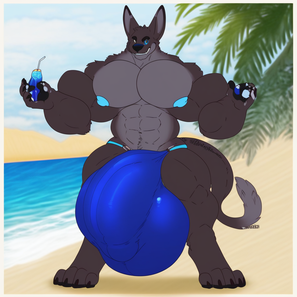 Muscular male, furry, male swimwear, solo, sexually explicit swimwear, standing, outside, beach, hyper bulge