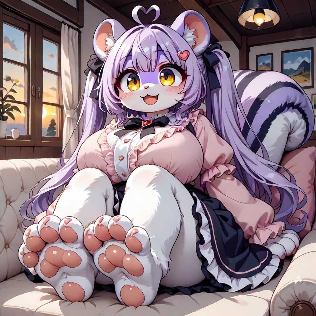 1girl,solo,light purple squirrel anthro,light purple skin,light purple fur,light purple squirrel furry girl,squirrel fursuit,squirrel snout,:3,gigantic breasts,gothic light pink blouse,black frilled skirt,puffed sleeves,long sleeves,jirai-kei style,
light purple huge feral ears,white ear furnishings,light purple huge squirrel tail,(((barefoot,feet front,focus on soles of feet,puffed pawpads,cat paws,puffed paws,paw front,fluffy paws,puffed paw,inflated paw, puffed pawpad,stuffed paw,pink claw,pink cat claw,)))
lazypos,score_9, score_8_up, score_8, score_7,score_7_up,amazing quality,very aesthetic,masterpiece, ultra detailed,ridiculous,best quality, absurdres, newest,highres,sensitive,absurdres, highres,japanese anime style,anime coloring,animation cel,orange natural lighting,Improve chroma,
dynamic shot,bottom view,focus on sole of feet,solo focus,zoom in,close-up,plump,shortstacks,shortstack,cute,kawaii,sitting on sofa,feet together,legs together,animal tone beans on sole of feet, metacarpal pawpad, 4toes, detailed paws,looking side, indoors,sunset,living room background,flirtatious smile,cushion beside,windows,simple Interior Design,rococo sofa,
golden yellow eyes,clear eyes,round eye,
vrey long hair,heart-shaped ahoge,purple hair, black hair,two-tones hair,multicolored hair, very long twintails,
violent shaking,expressiveh,heavy breath,unable to move, motion lines,FMW1,balloonz
<lora:InflationXL_063-NoReg-epoch-08:0.4><lora:fursuit-bing-xl:1> <lora:FMW1:1> <lora:transformation_all_pony-adafactor-8x4-4x1-cs1:1.2>  <lora:Furryfication Slider_alpha1.0_rank4_noxattn_last:0.8><lora:InflatablePony_dd_v1.0_PDXL:0.2> <lora:living_plushies2:0.2><lora:SyMix_Pony_v05a02:0.25> <lora:inflatables3:0.25> <lora:balloonz:0.4> <lora:Smooth_Booster_v2:0.2>