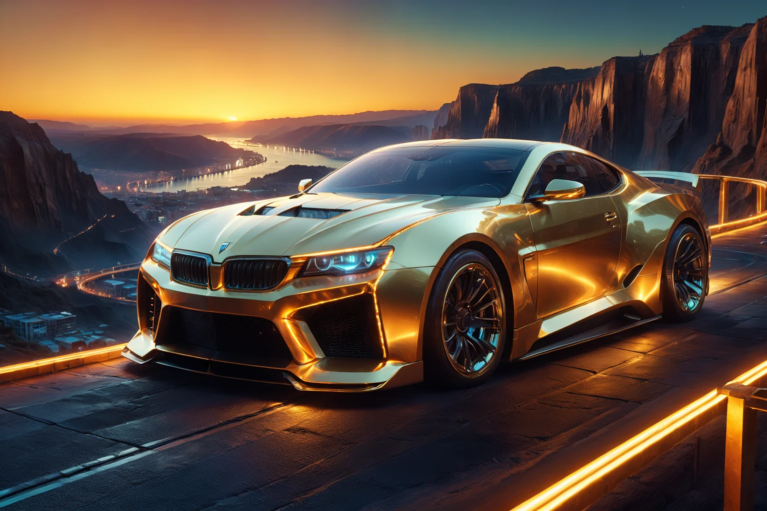 morph-aurora, a cyber coupe with angular design, tinted windows, solo, futuristic doors, upward opening, futuristic bridge, glowing supports, city below, detailed background, parked on a cliff, overlooking a canyon, sunset glow, wide shot, a holographic map, floating above the dashboard, best quality, rich colors, photorealistic style, high detail, high-definition, hyper-realistic, extremely high-resolution details, fine texture, incredibly lifelike, realistic, not fantasy, not anime, not drawing, highres, 4K resolution, source photo, realistic photo, masterpiece, best quality, amazing quality, very aesthetic, ultra-detailed, detailed surfaces, natural metallic tones, soft lighting, futuristic gold, metallic sheen, warm light, overhead shot, <lora:add-detail-xl:1> <lora:aurora_0_100_V1-000009:0.65>