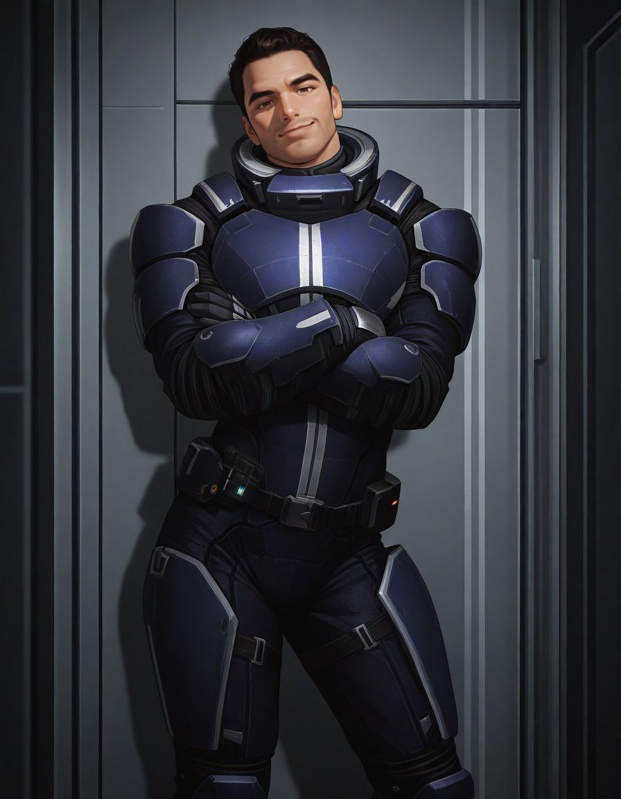 masterpiece, best quality, newest, perfect quality, best quality, detailed background, intricate details, male focus, solo, <lora:Mass Effect - Kaidan Alenko - Illustrious-000006:0.7>, mekalenko, 1boy, dark brown hair, short hair, thick stubble, brown eyes, looking at viewer, contrapposto, spacecraft interior, spacesuit, gauntlets, belt, boots, head tilt towards viewer, smirk, standing, crossed arms, against wall, hallway