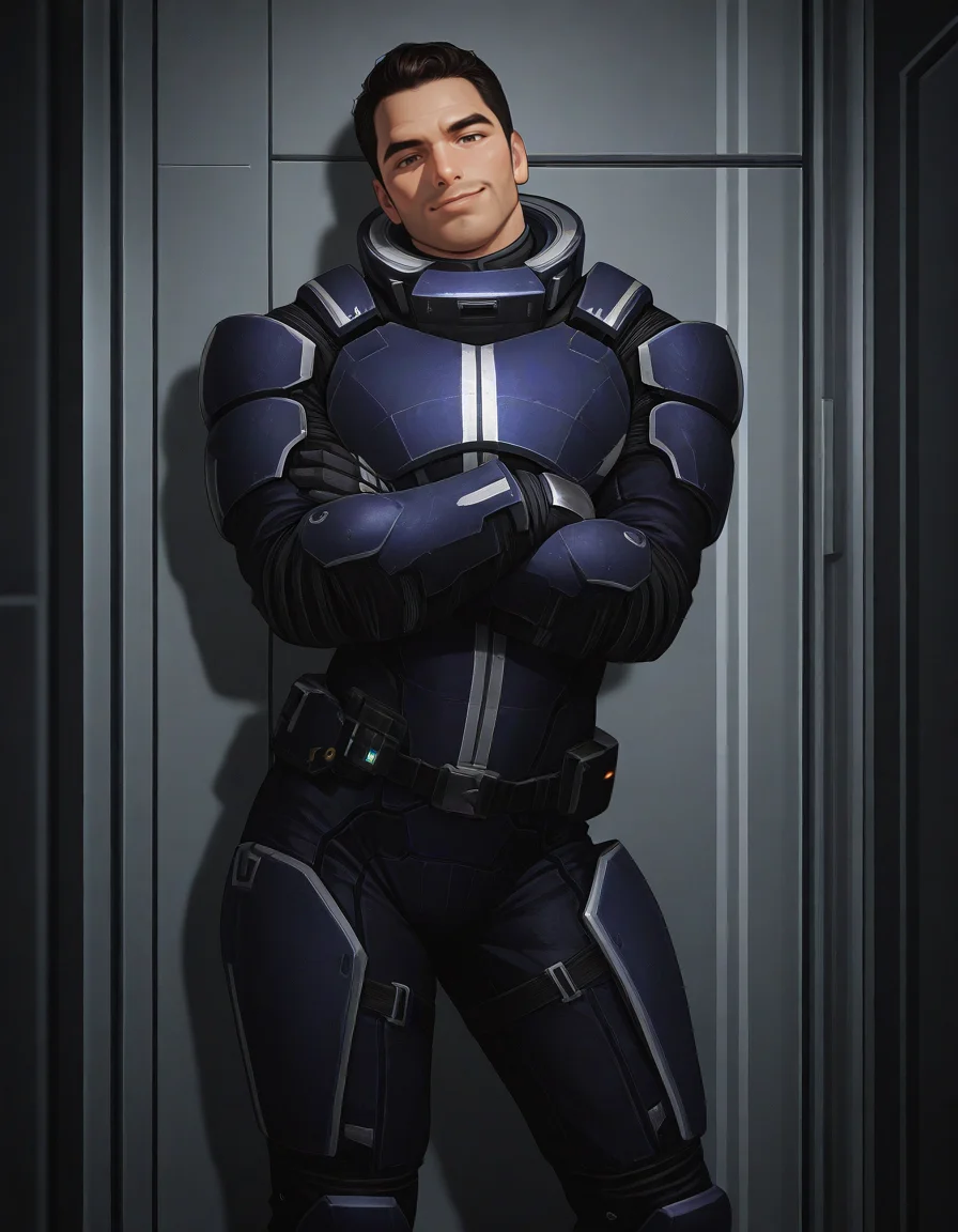 masterpiece, best quality, newest, perfect quality, best quality, detailed background, intricate details, male focus, solo, <lora:Mass Effect - Kaidan Alenko - Illustrious-000006:0.7>, mekalenko, 1boy, dark brown hair, short hair, thick stubble, brown eyes, looking at viewer, contrapposto, spacecraft interior, spacesuit, gauntlets, belt, boots, head tilt towards viewer, smirk, standing, crossed arms, against wall, hallway