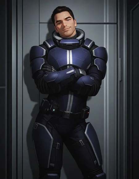masterpiece, best quality, newest, perfect quality, best quality, detailed background, intricate details, male focus, solo, <lora:Mass Effect - Kaidan Alenko - Illustrious-000006:0.7>, mekalenko, 1boy, dark brown hair, short hair, thick stubble, brown eyes, looking at viewer, contrapposto, spacecraft interior, spacesuit, gauntlets, belt, boots, head tilt towards viewer, smirk, standing, crossed arms, against wall, hallway