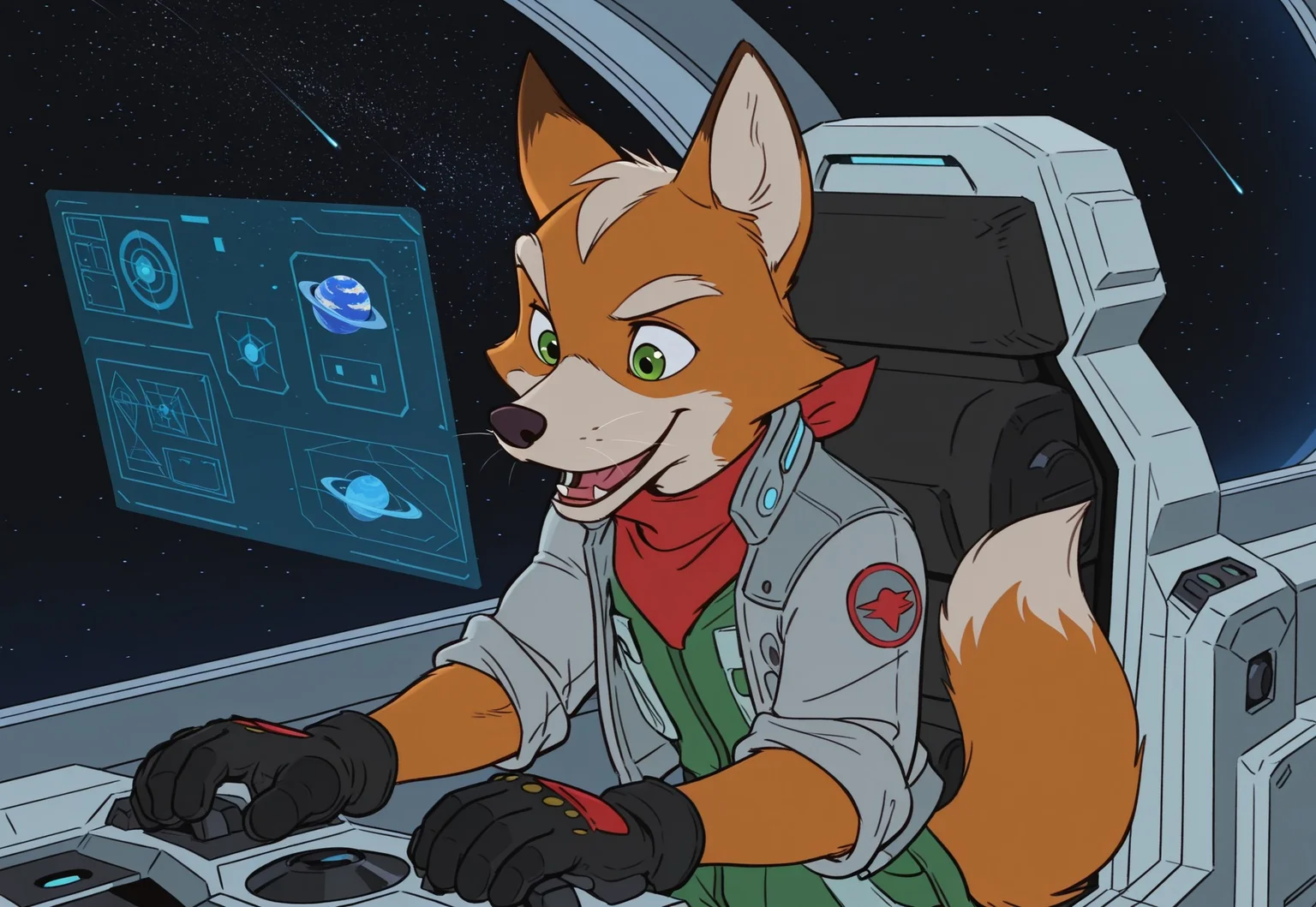 source_disney, DisneySilverAge, flat colors, source_furry, easynegative, no shading, pit, dark, clear sharp focus, solo, f0x, fox boy, green eyes, red scarf, grey jacket, green jumpsuit, gloved hands, tail, happy, mouth open (talk),
BREAK,
indoors (spacecraft), science fiction, stars, space, interior, window, chairs, cockpit (control panel), holographic monitor, screen, planet in the distance,
BREAK,
looking outside, (standing), leaning onto the cockpit (control panel), hands on cockpit, BREAK, Cinematic shot, distant shot, screencap