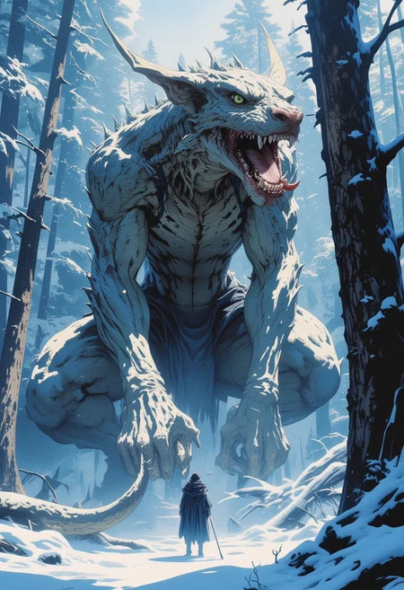 a giant snake with two arms and a dragon's head, snowy forest background