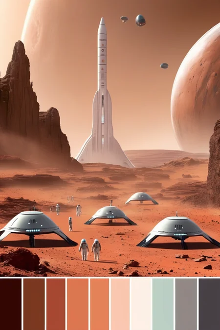 <lora:Cinema Color Palette:1>Color Palette - A futuristic spaceport on Mars. Diverse aliens and humans interact, with a majestic spaceship taking off against a terraformed skyline.