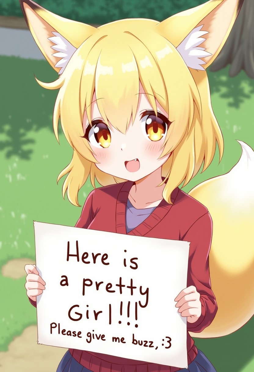 Professional illustration of a cute foxgirl with golden fox ears and golden hair tied in a low ponytail. She is holding a sign which says "Here is a pretty girl!!!" with a subtext written in crayon added it it "Please give me buzz. :3". She has a cute cat-like smile with a single cute fang.
outdoors, nature, solo, :3, cute fang, upper body, fantasy