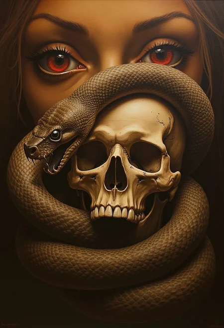 retro artstyle, score_9, score_8_up, score_7_up, very detailed, ultra realistic, (best quality), 1big giant snake winding around a big human skull, the snake looks very dangerous with his mouth wide opened, attacking, the dramatic sky in the background shows the big female pair of eyes with complete red eyeballs with no pupils, focus on the eyes, dark brown background, realistic, realism, photo realistic, photo realistic, retro oil painting style, dramatic lighting, low saturation,
