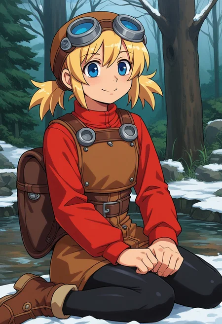 score_9, score_7_up, source_anime, BREAK solo, <lora:Pratty_XL:1> Pratty, blue eyes, short hair, light blonde, short twintails, hair through headwear, goggles, brown headwear, red shirt, short over long sleeves, black long sleeves, red skirt, black pantyhose, leather breastplate, brown footwear, smile, cold forest, taiga, snow,, river, mill
