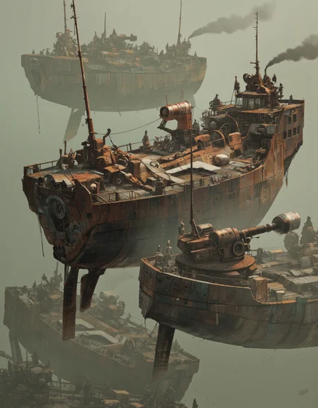 A digital illustration shoot from below about a futuristic ship with a steampunk aesthetic, featuring a large, rusted ship in the middle of the image, surrounded by smaller ships with similar features. the ship on the left has a large gun mounted on its deck, while the one on the right has a smaller gun on its back. the scene is set against a misty, foggy background, with smoke billowing from the ship's smokestacks, giving a sense of depth and atmosphere. the overall color palette is muted, with shades of green, brown, and black, giving the image a sci-fi and industrial feel. the image also shows a few soldiers standing on the ship, adding to the sense of movement and action.
